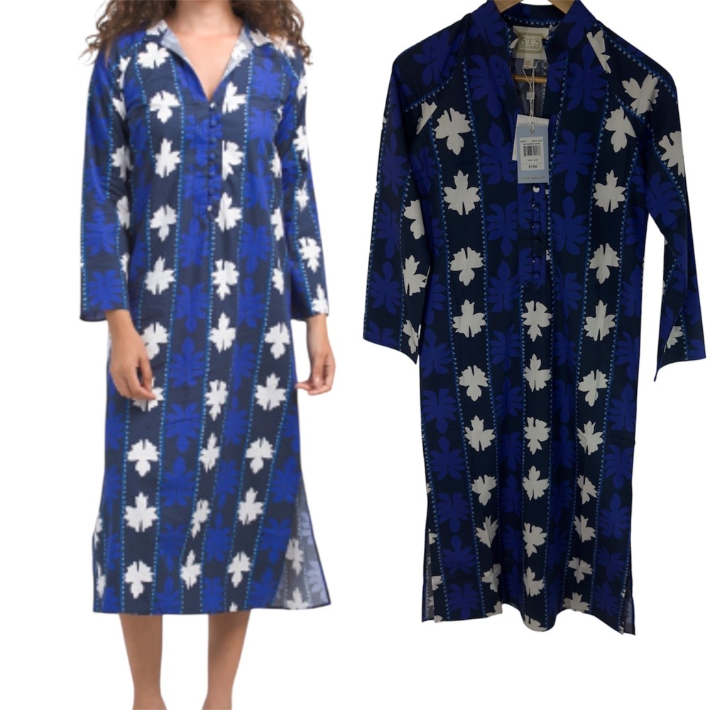 New Sail to Sable Women's Button Front‎ Caftan Dress XXS Navy Leaf Print Casual